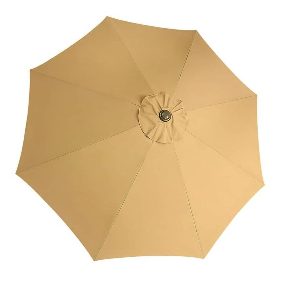Tan patio umbrella canopy top with central vent button and fabric spokes