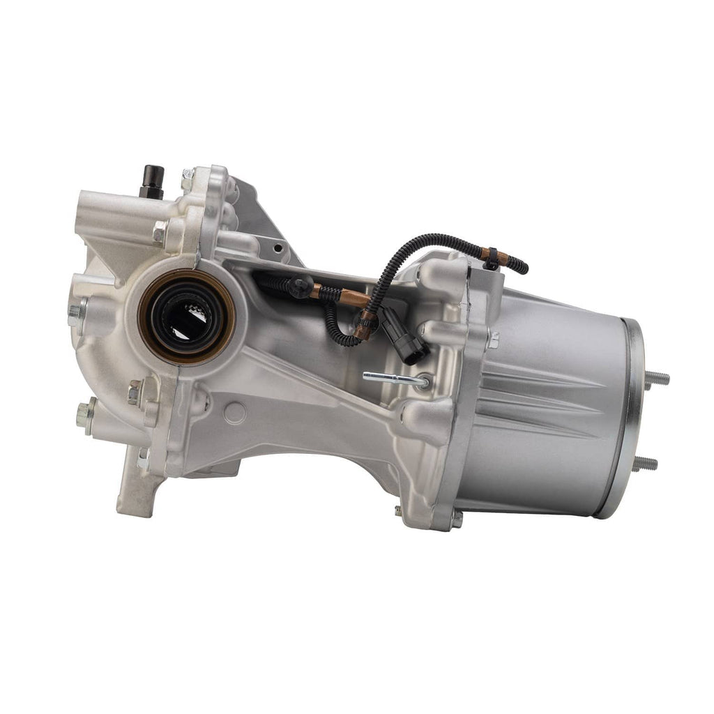 Rear axle differential carrier with coupling unit, three-quarter view of silver gearbox and wiring