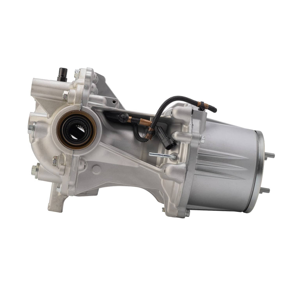 Rear axle differential carrier with coupling unit, three-quarter view of silver gearbox and wiring