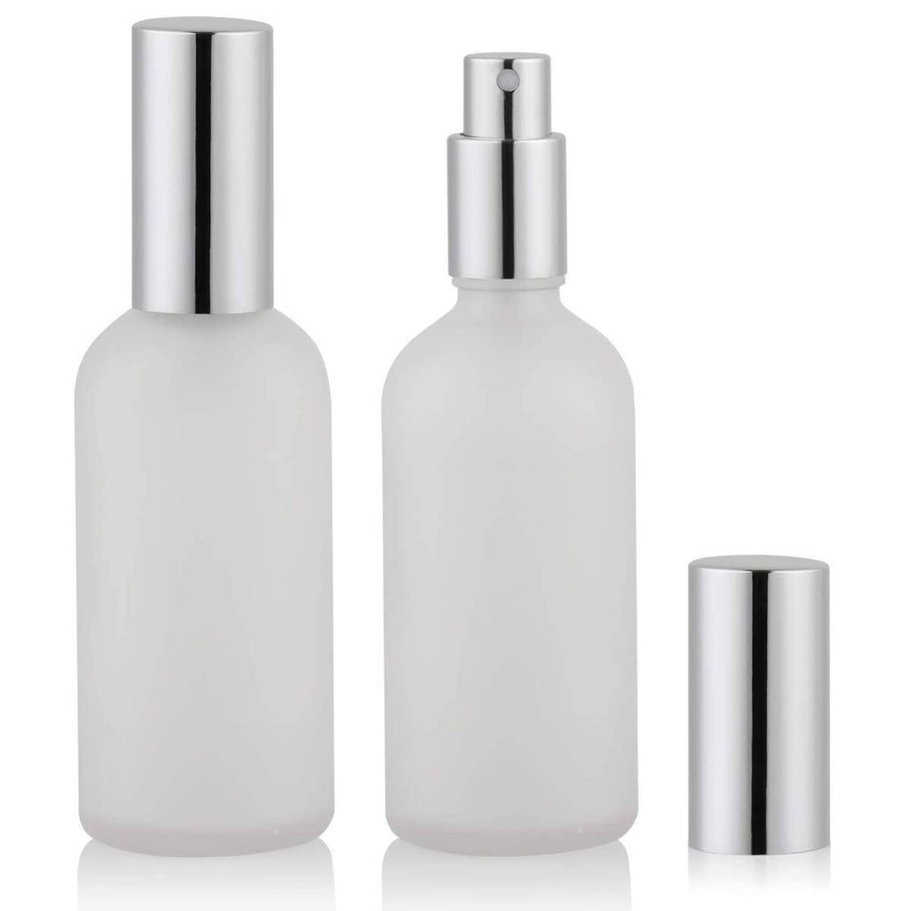 Frosted glass spray bottles with silver pump tops, 2-pack
