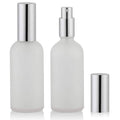 Frosted glass spray bottles with silver pump tops, 2-pack