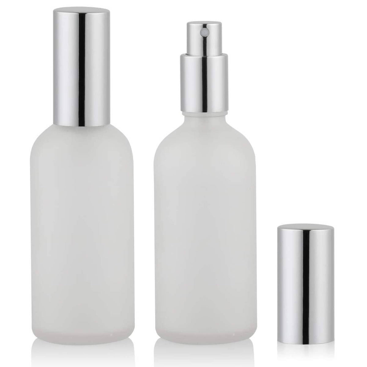 Frosted glass spray bottles with silver pump tops, 2-pack