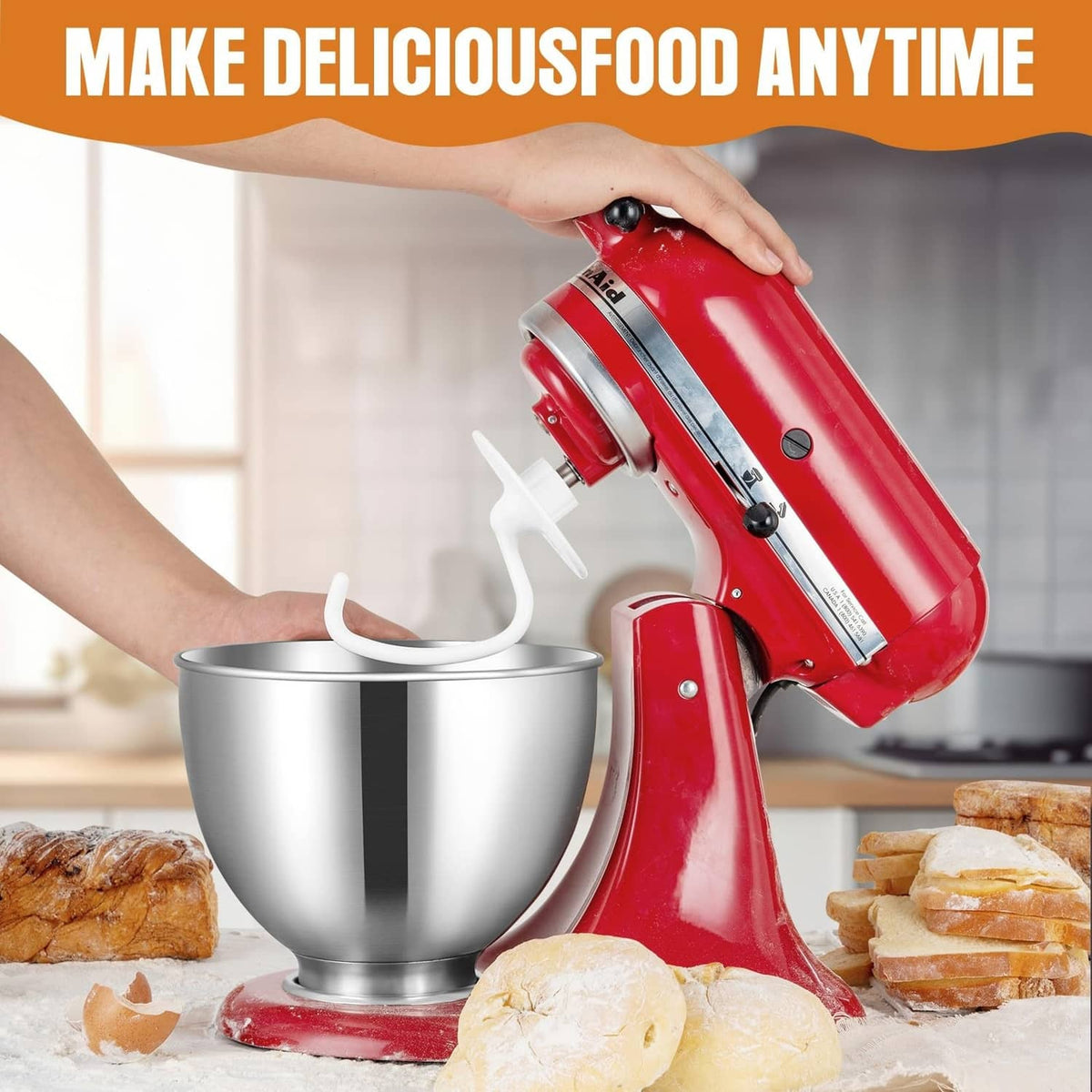 White coated dough hook attachment stirring ingredients in stand mixer bowl
