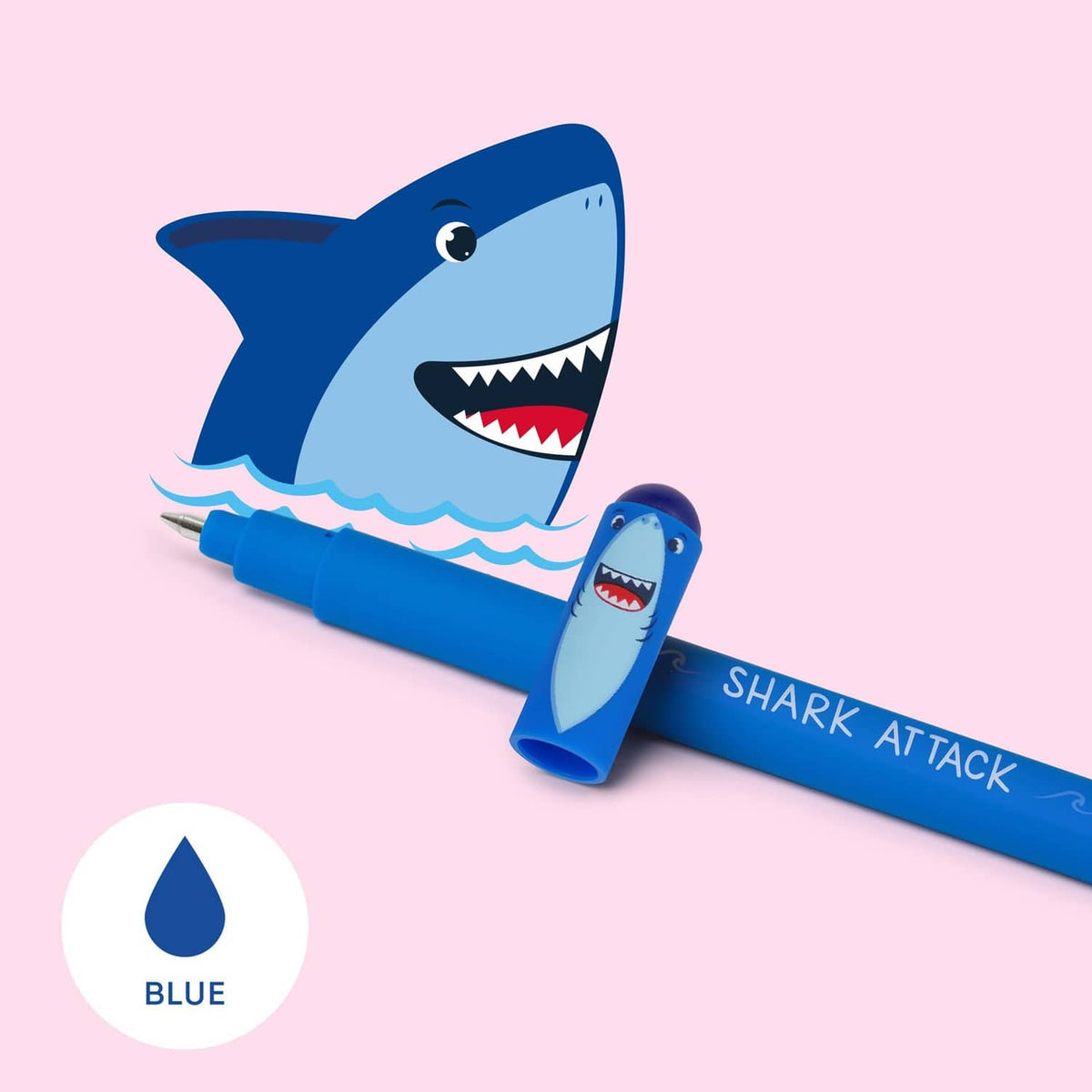 Blue Legami shark erasable gel pen with shark-shaped cap and “SHARK ATTACK” print