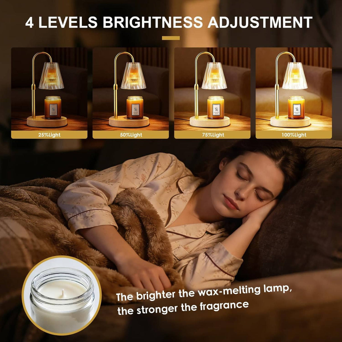 Luxmore candle warmer lamp with lit candle jar, fluted clear glass shade, on round wood base