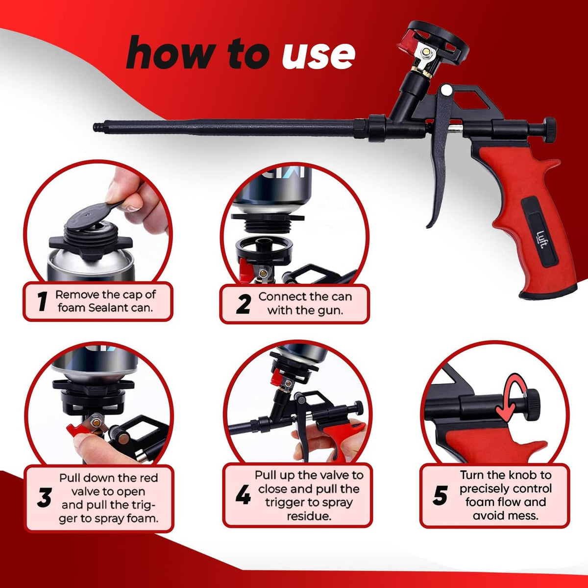 Red-and-black expanding foam spray gun with ergonomic grip and adjustable nozzle