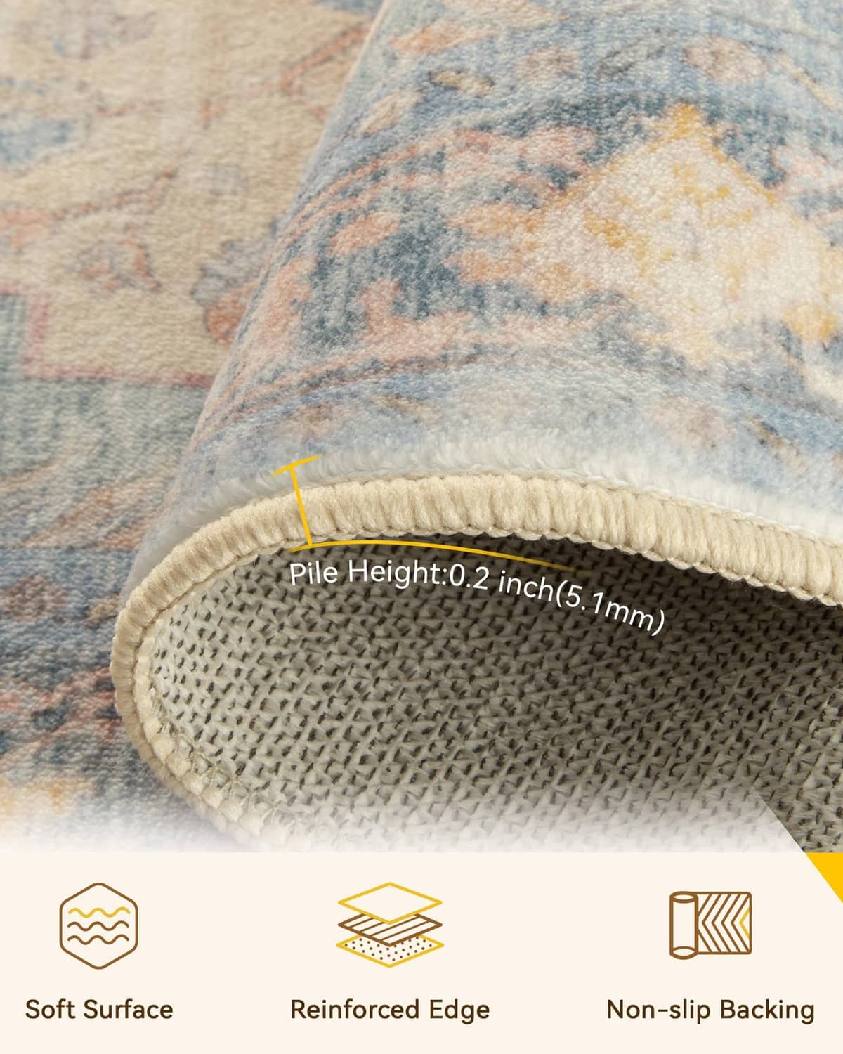 Round rug close-up showing textured pile and reinforced beige edge with non-slip backing
