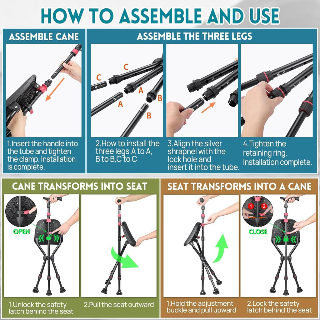 Folding cane chair that transforms between cane and seat with three-leg frame