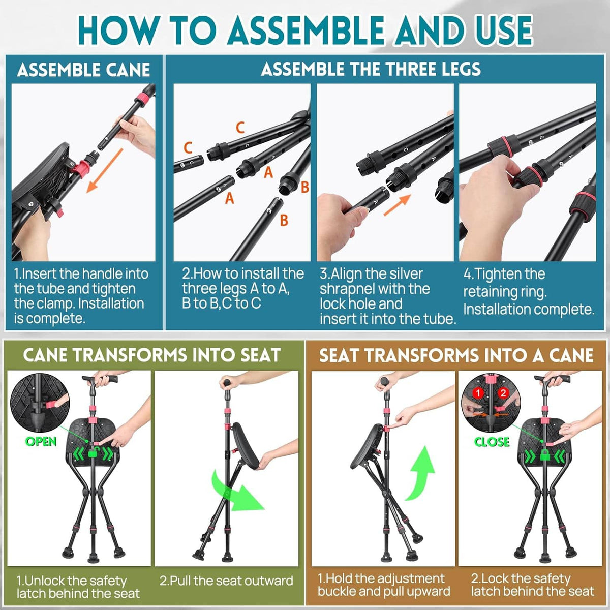 Folding cane chair that transforms between cane and seat with three-leg frame
