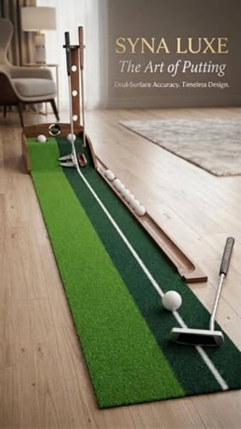 Green indoor putting mat with alignment stripe, practice balls, and wooden target rails