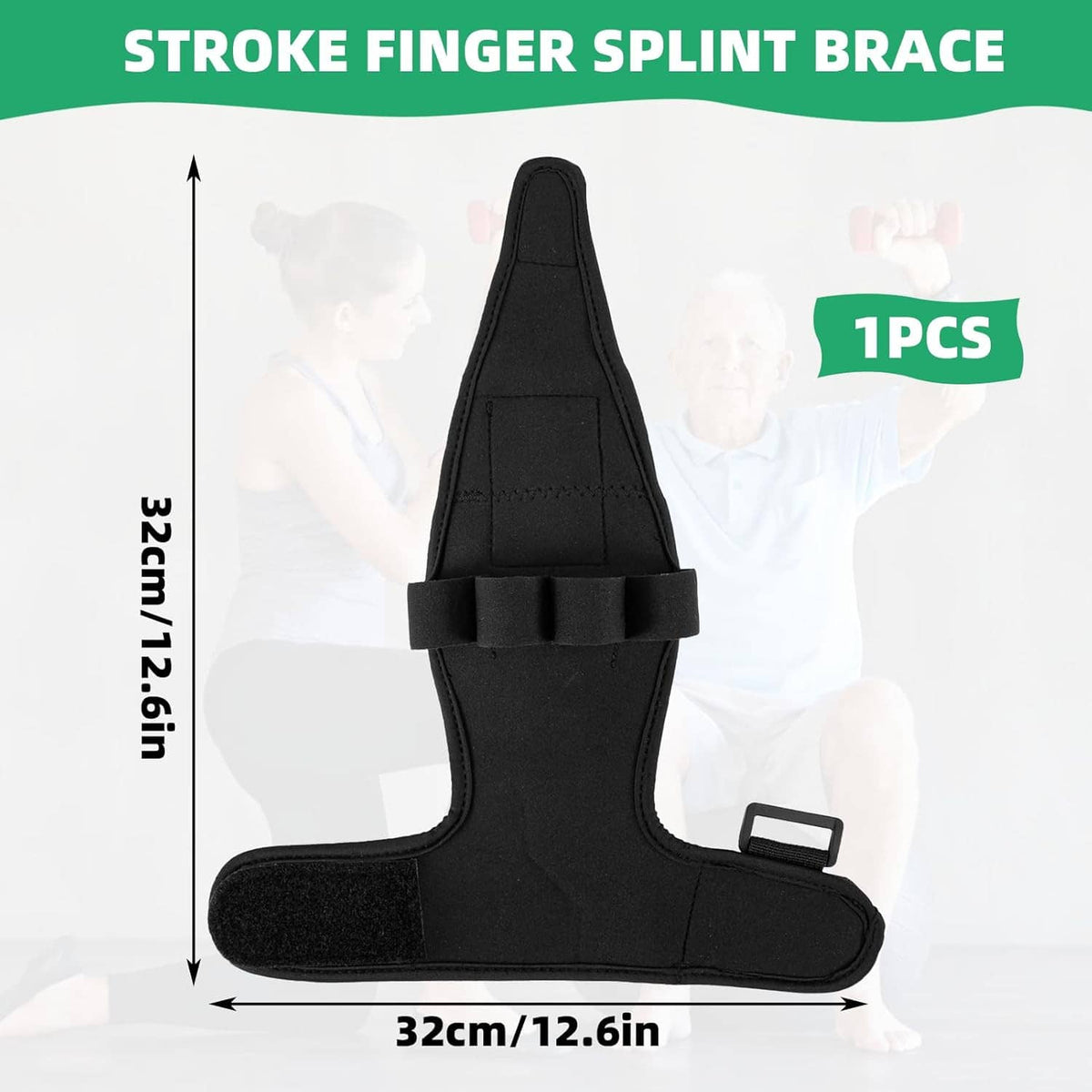 Black finger splint auxiliary glove brace with wrist strap and finger opening, 32cm length