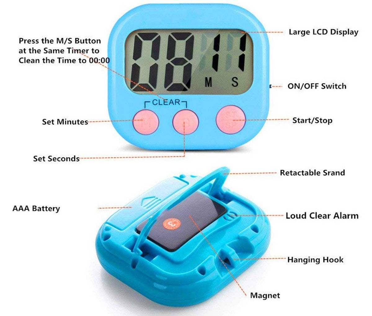 Blue digital kitchen timer with large LCD, on/off switch, start/stop, flip stand, hanging hook.