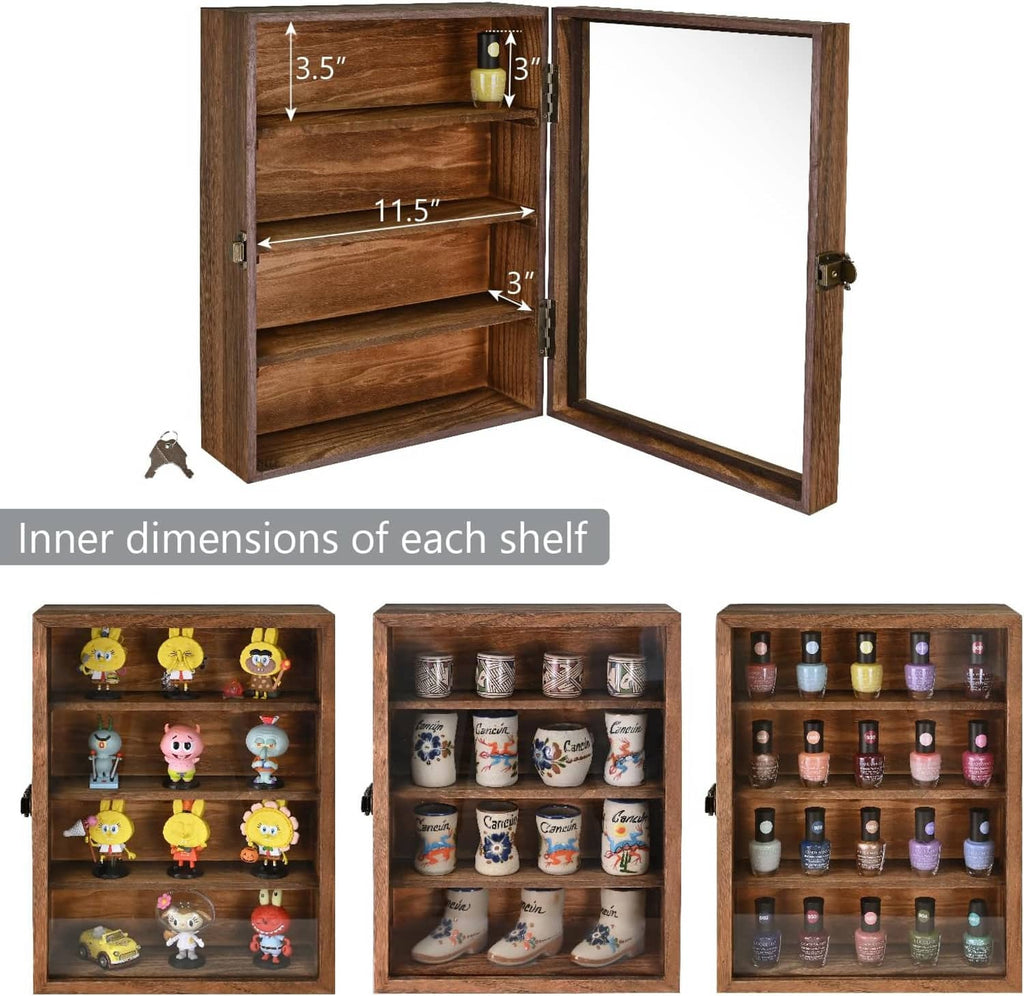 Wall-mount display cabinet with inner shelf measurements, example items behind glass door.