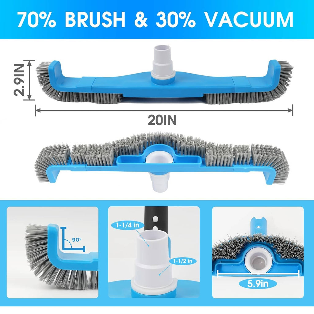 Blue pool brush vacuum head with 20-inch deck and gray dual bristle rows