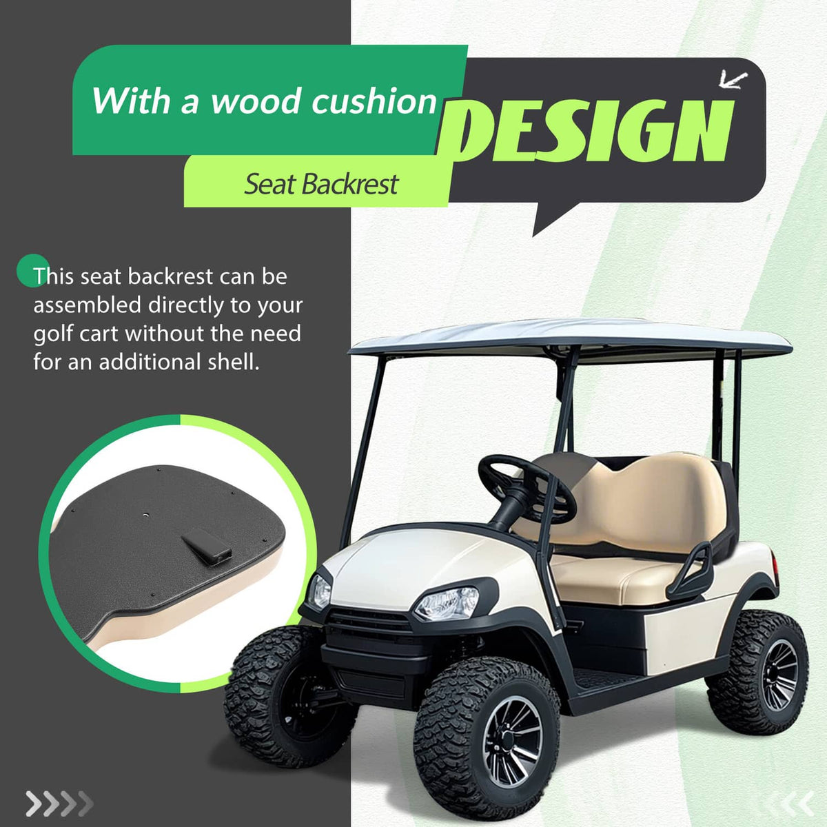 Golf cart front seat with beige backrest cushion and black support frame