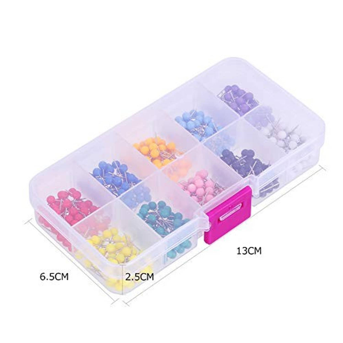 Clear organizer box holding assorted color map push pins in separate compartments