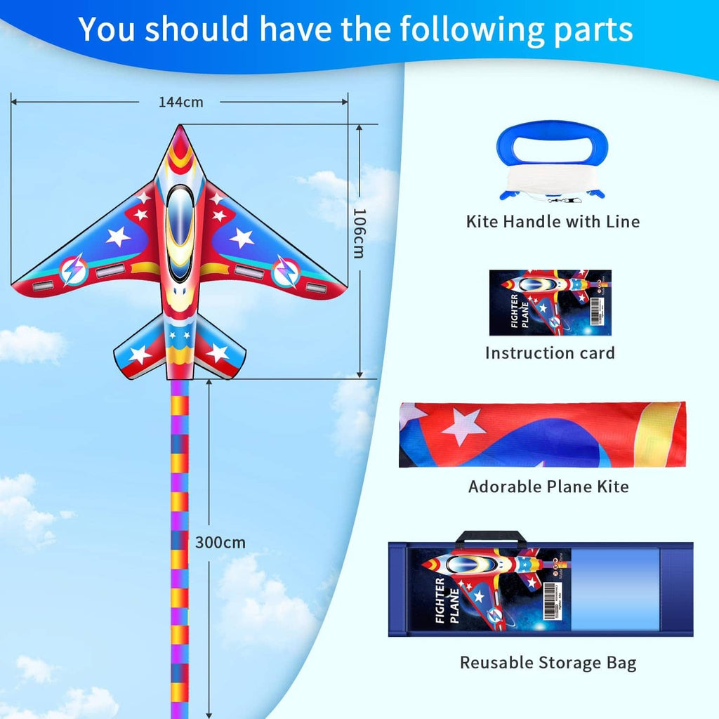 Airplane kite parts diagram showing kite handle with line and storage bag