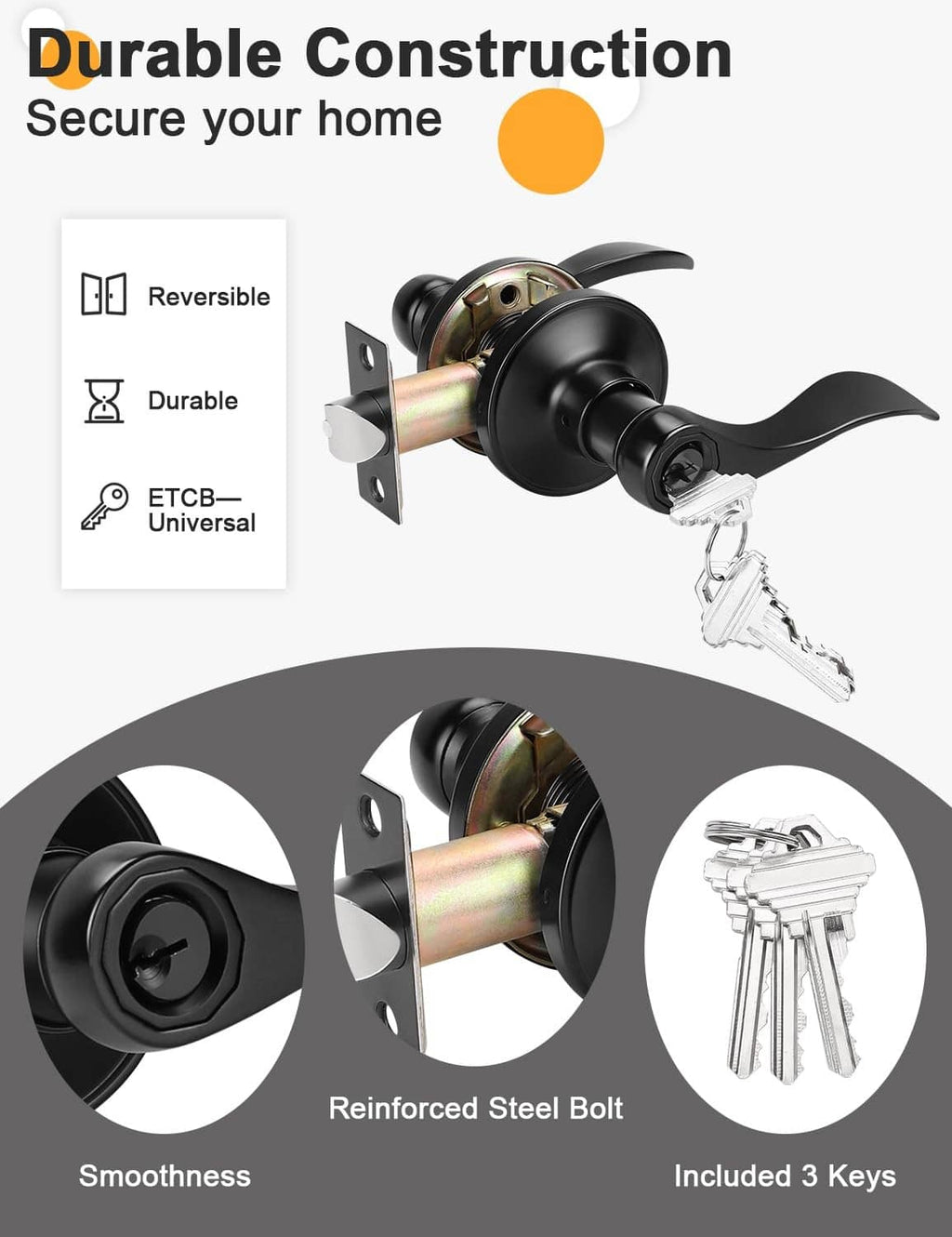 Matte black exterior door lever set with reinforced bolt and included keys
