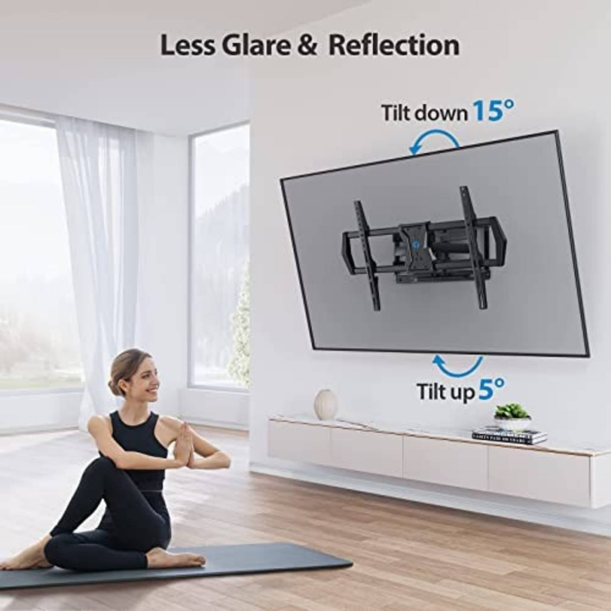 Full-motion TV wall mount with tilt adjustment hinge for angled screen