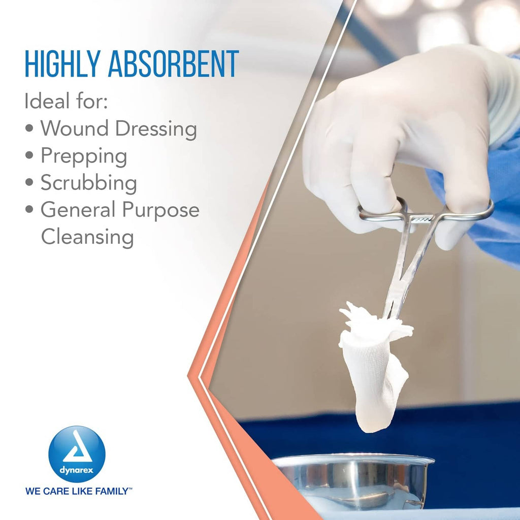 Dynarex non-woven sponge pad, white square, held by medical gloves for cleansing