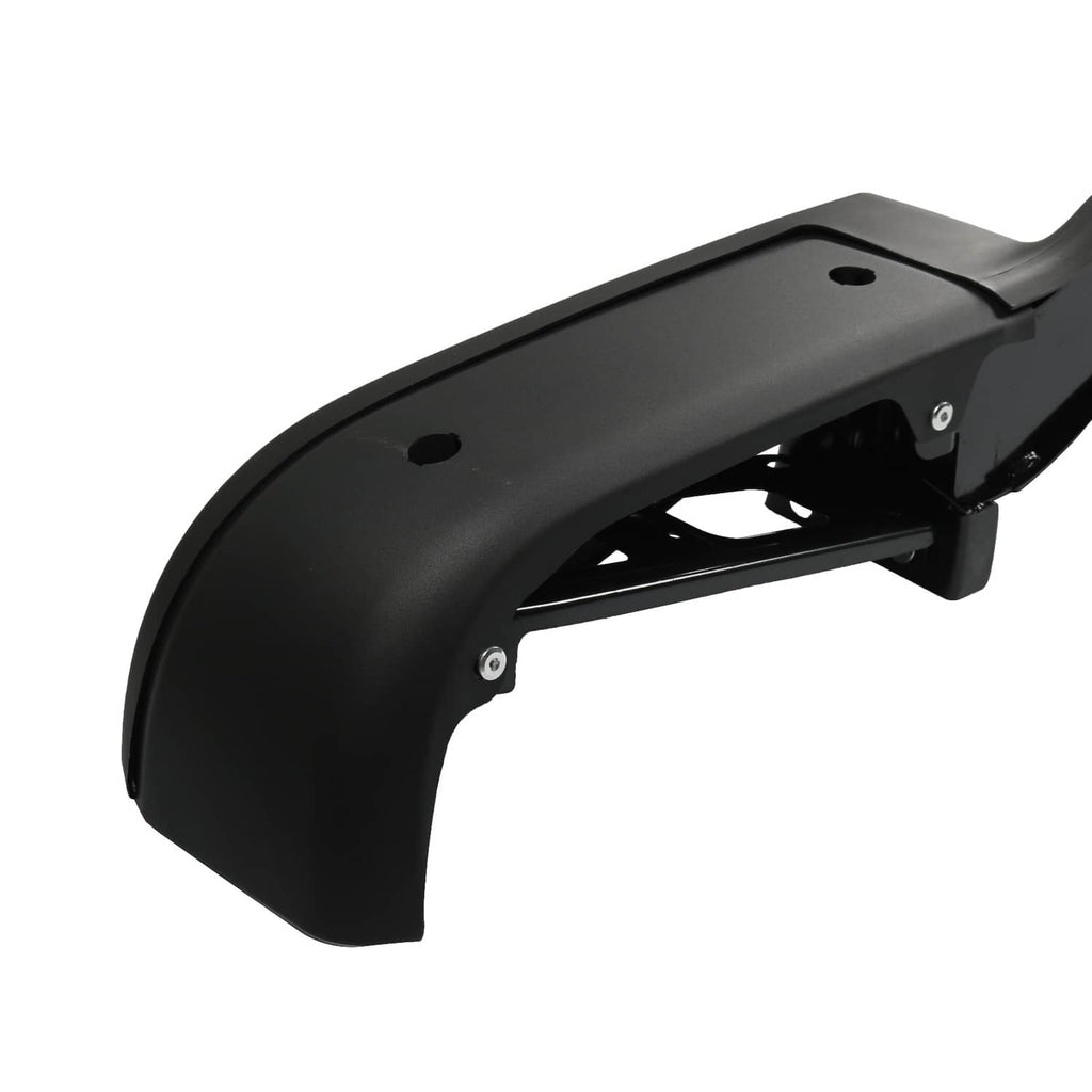 Black rear step bumper end section with bracket mounts and open internal channel