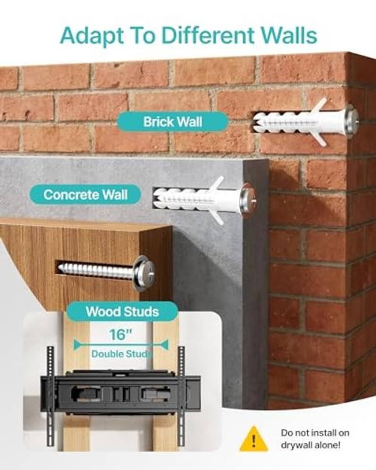 TV wall mount with mounting hardware for brick, concrete, and wood stud installs.