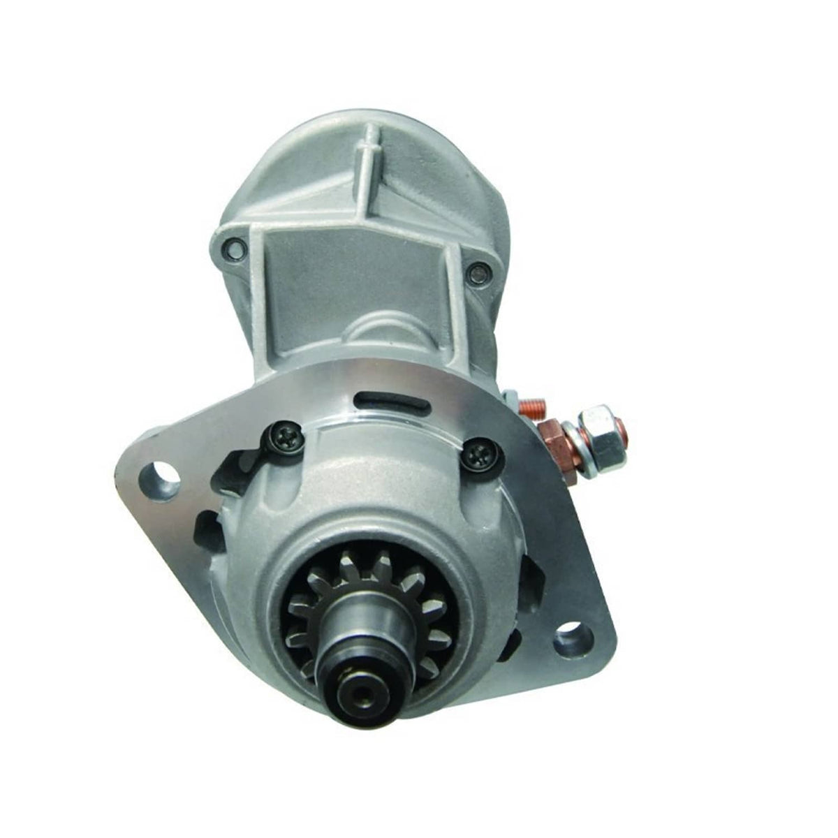 Starter motor front view with round pinion gear housing and side terminals