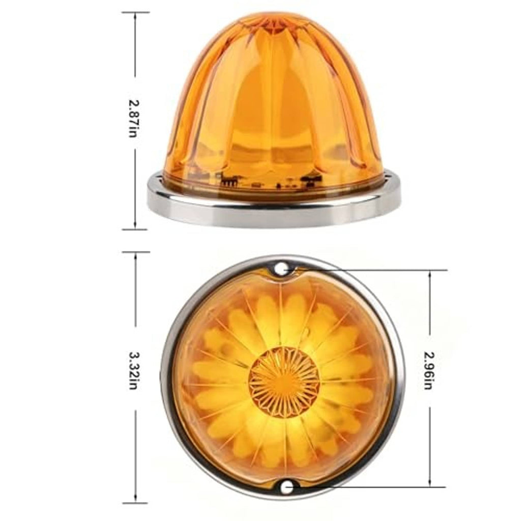 Amber round LED marker light lens with chrome bezel, front and top view