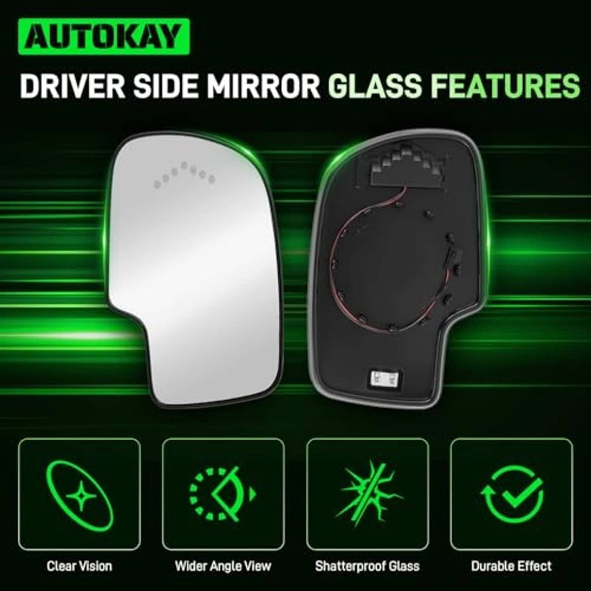 Driver side mirror glass features panel with clear vision and durable glass design