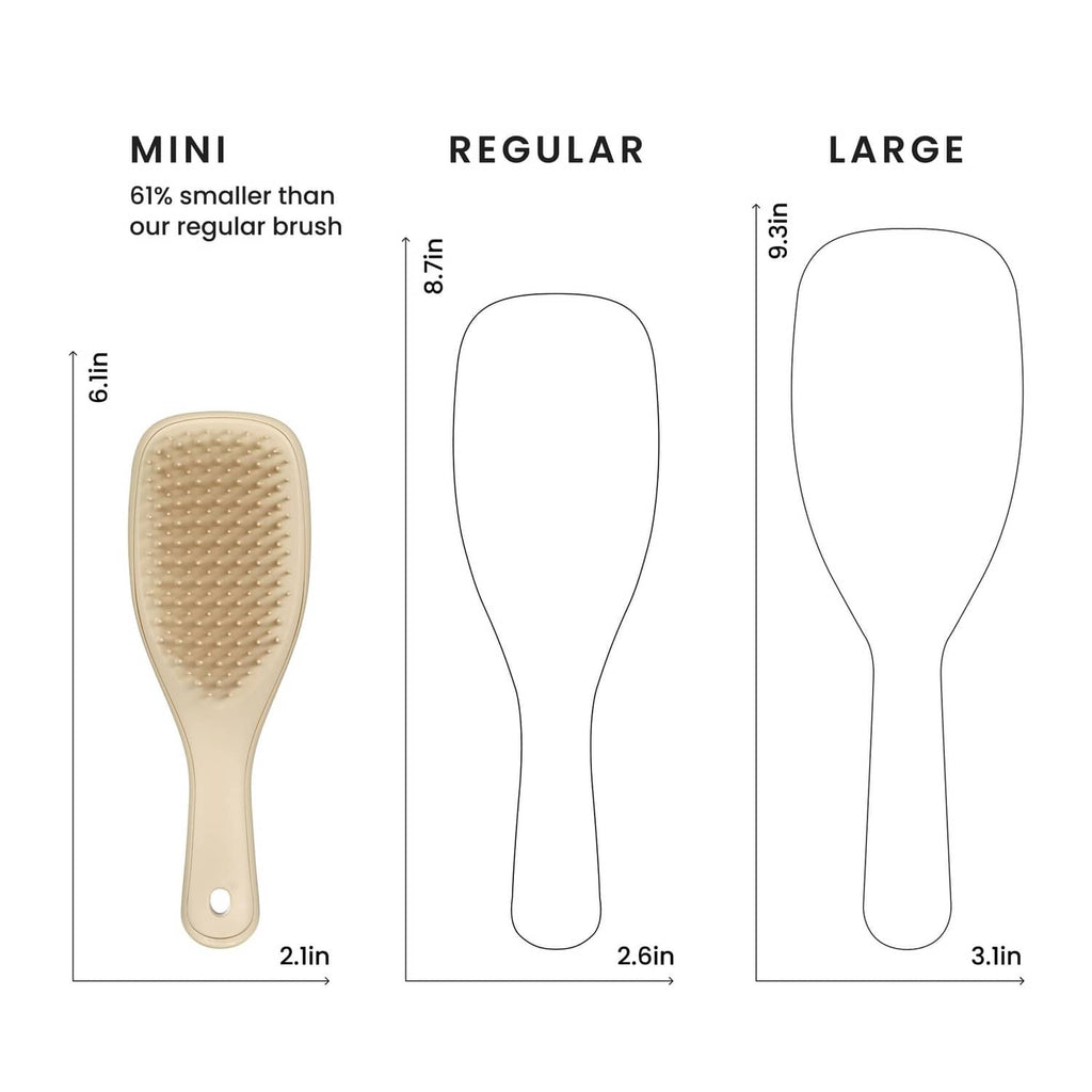 Hairbrush size guide: mini, regular, and large with handle dimensions