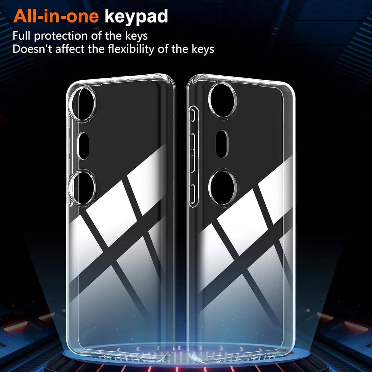 Two transparent phone cases with geometric pattern; camera cutouts and raised edges