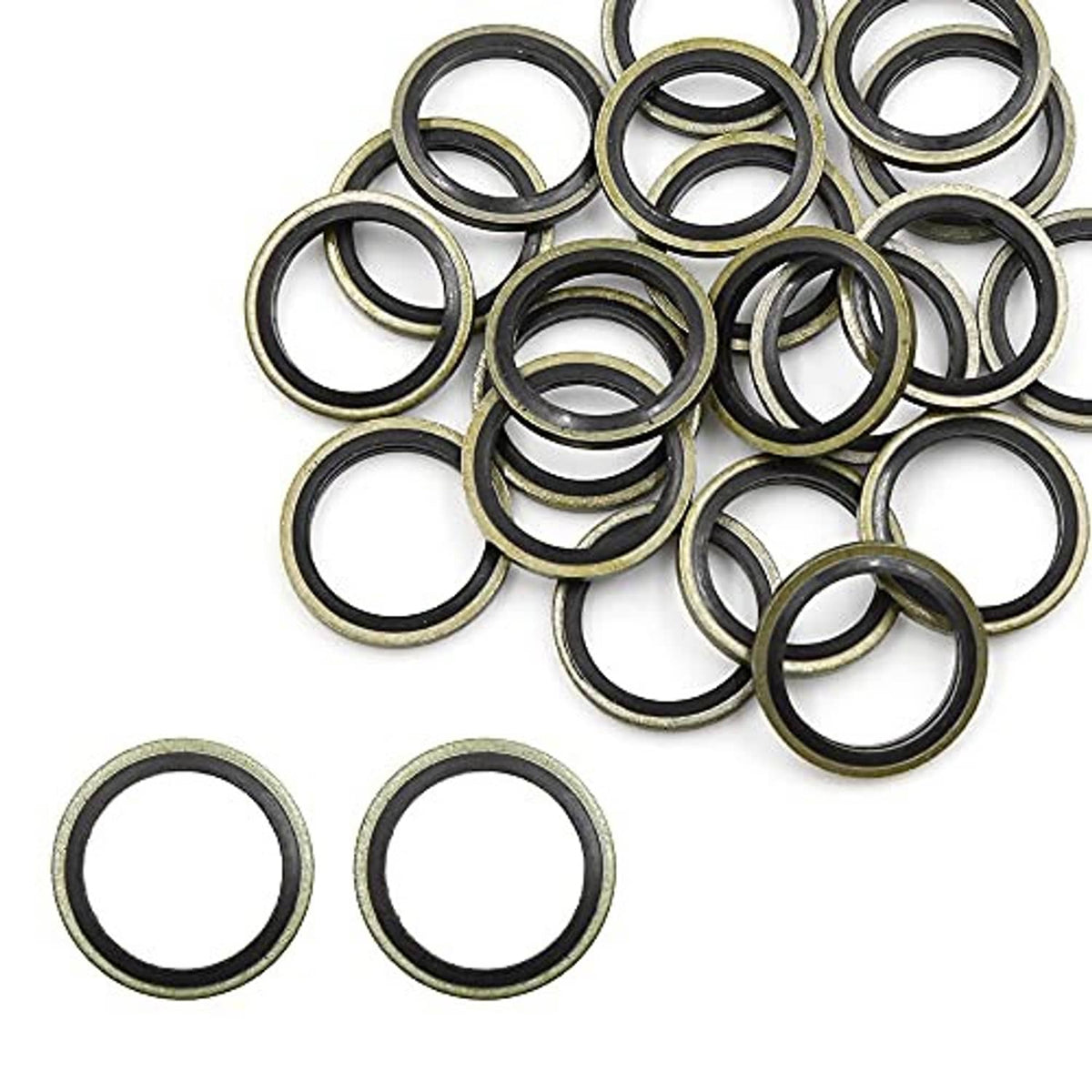 Assorted oil drain plug crush washers, metal rings with black inner gasket