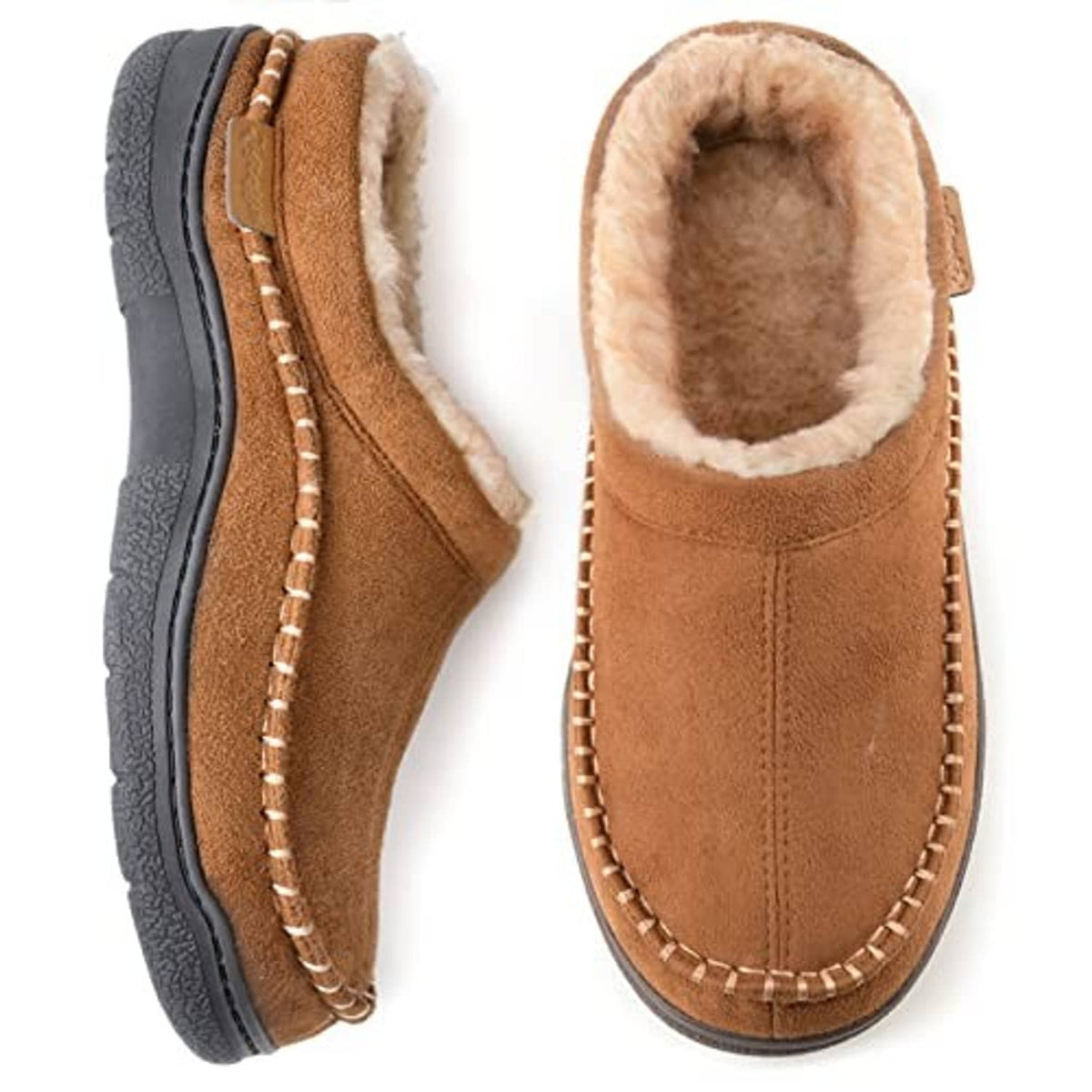 Tan suede moccasin slippers with fuzzy shearling lining, stitched moc toe, and side wall