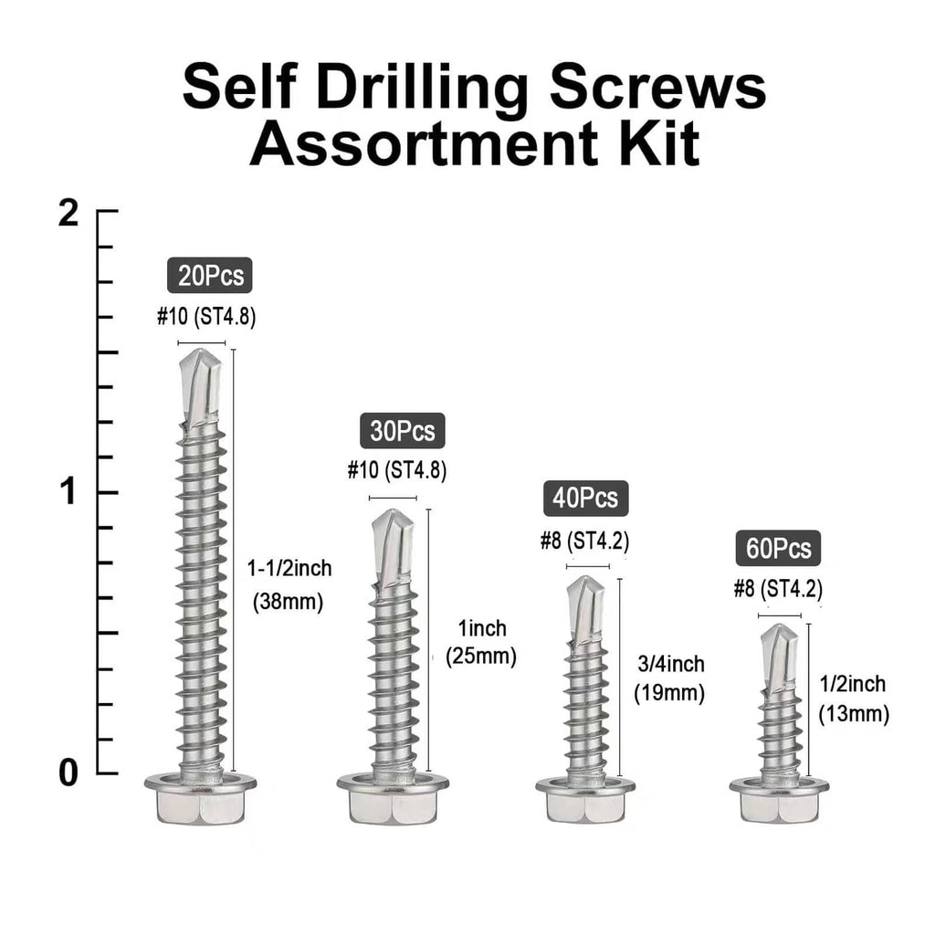 Self drilling screw assortment chart showing four size groups with silver hex head screws