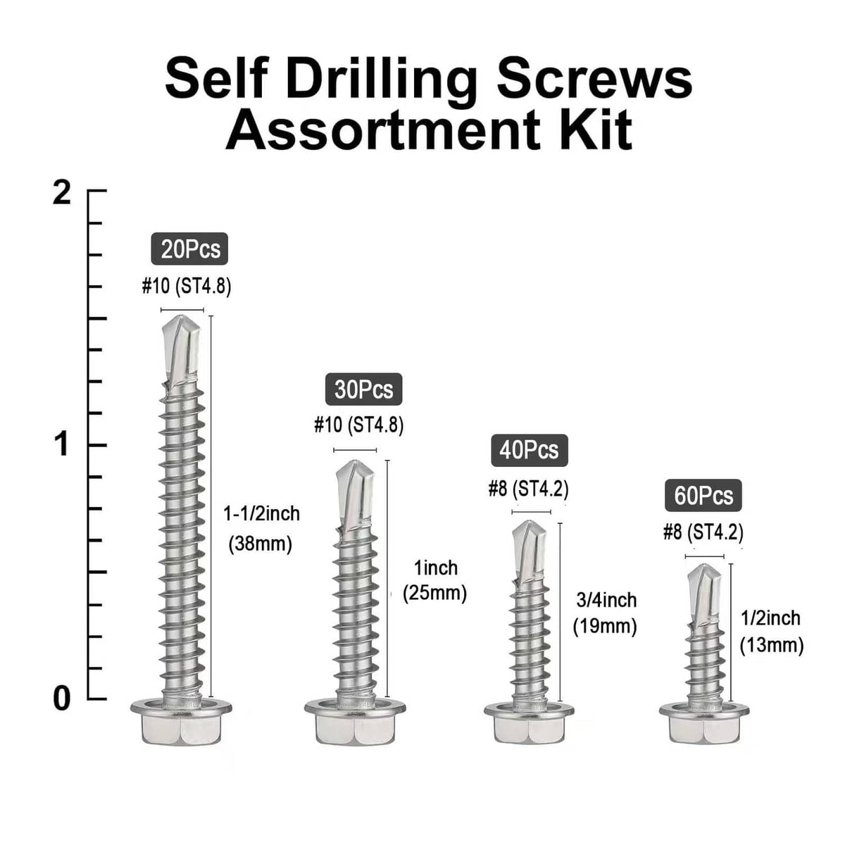 Self drilling screw assortment chart showing four size groups with silver hex head screws