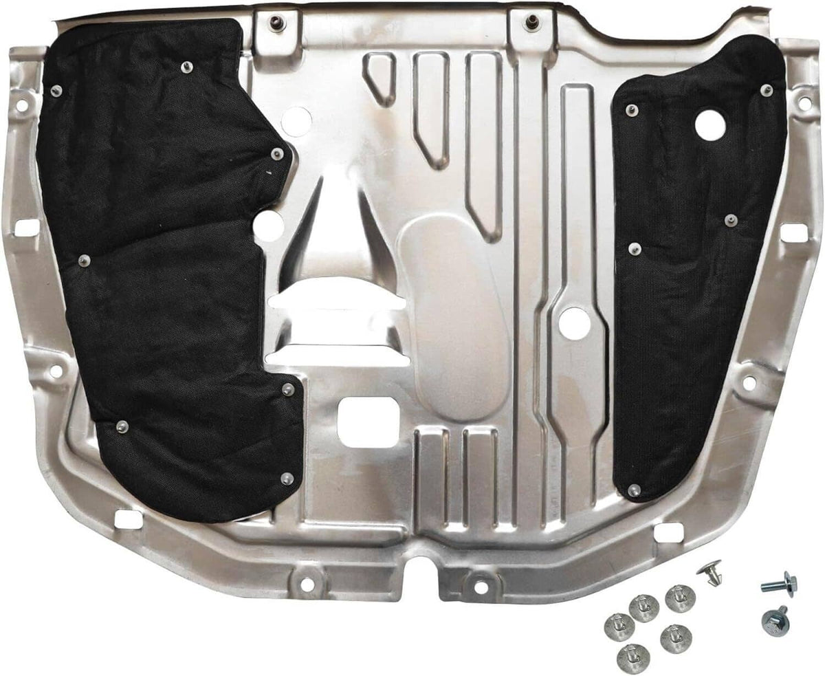 Engine splash guard underbody shield with silver metal panel, two black pads, and screws