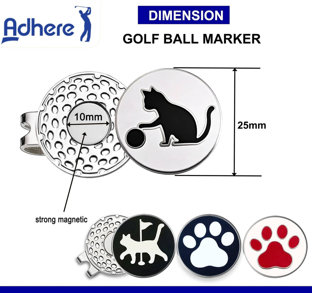 Golf ball marker discs with cat icons on black/white, with metal hat clip backing