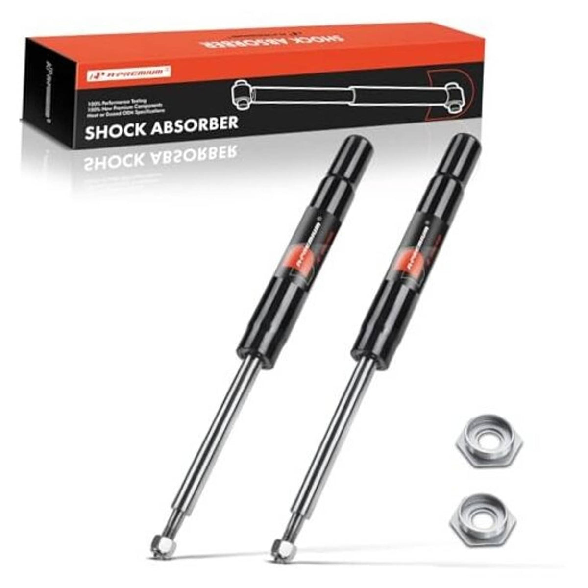 Front shock strut absorber pair, black body with red stripes, silver rods and mounting nuts