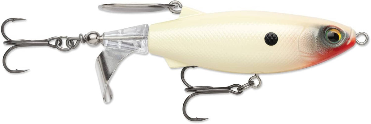 Rapala topwater fishing lure with silver hooks and pale bone body, broken-bone pattern
