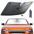 Foldable car windshield sunshade umbrella, dark canopy with center hub and pouch