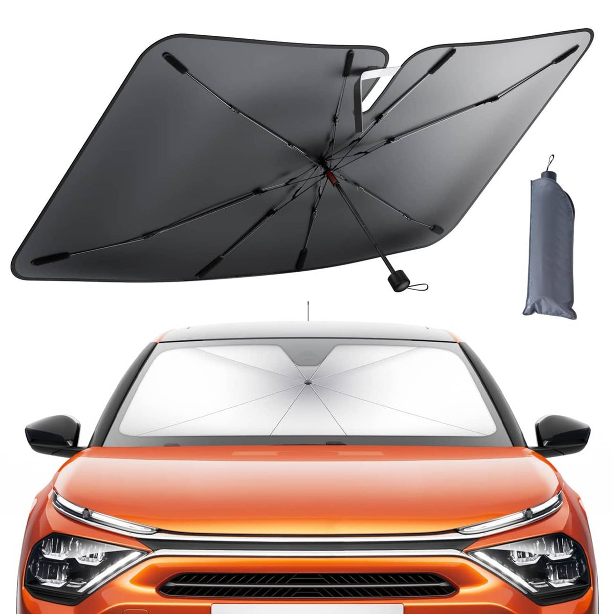 Foldable car windshield sunshade umbrella, dark canopy with center hub and pouch