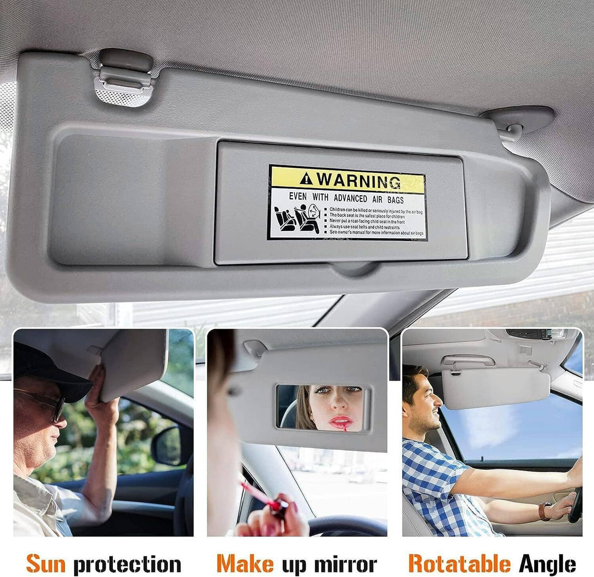 Grey right passenger sun visor with warning label and clips above windshield