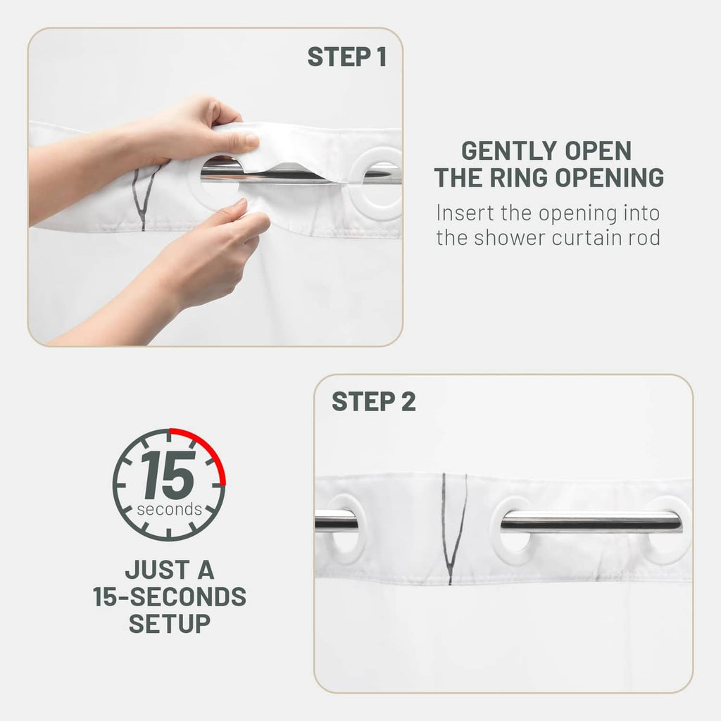 Shower curtain ring opening with reinforced grommet for rod insertion
