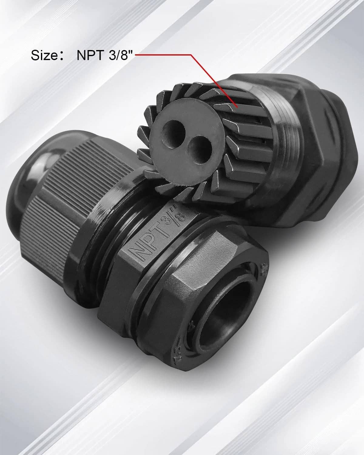 Black NPT 3/8 bulkhead fitting with circular wire ports and threaded metal end