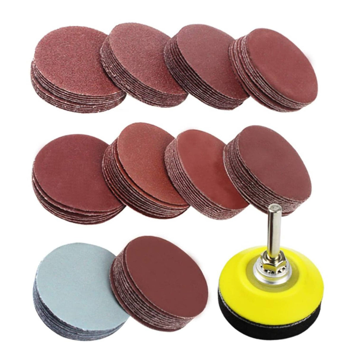 Set of red-brown 2in sanding discs with metal mandrel and backing pad