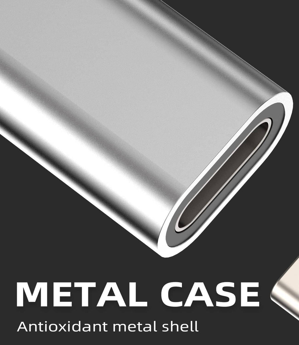 USB-C to Lightning adapter close-up, silver metal body with round port opening