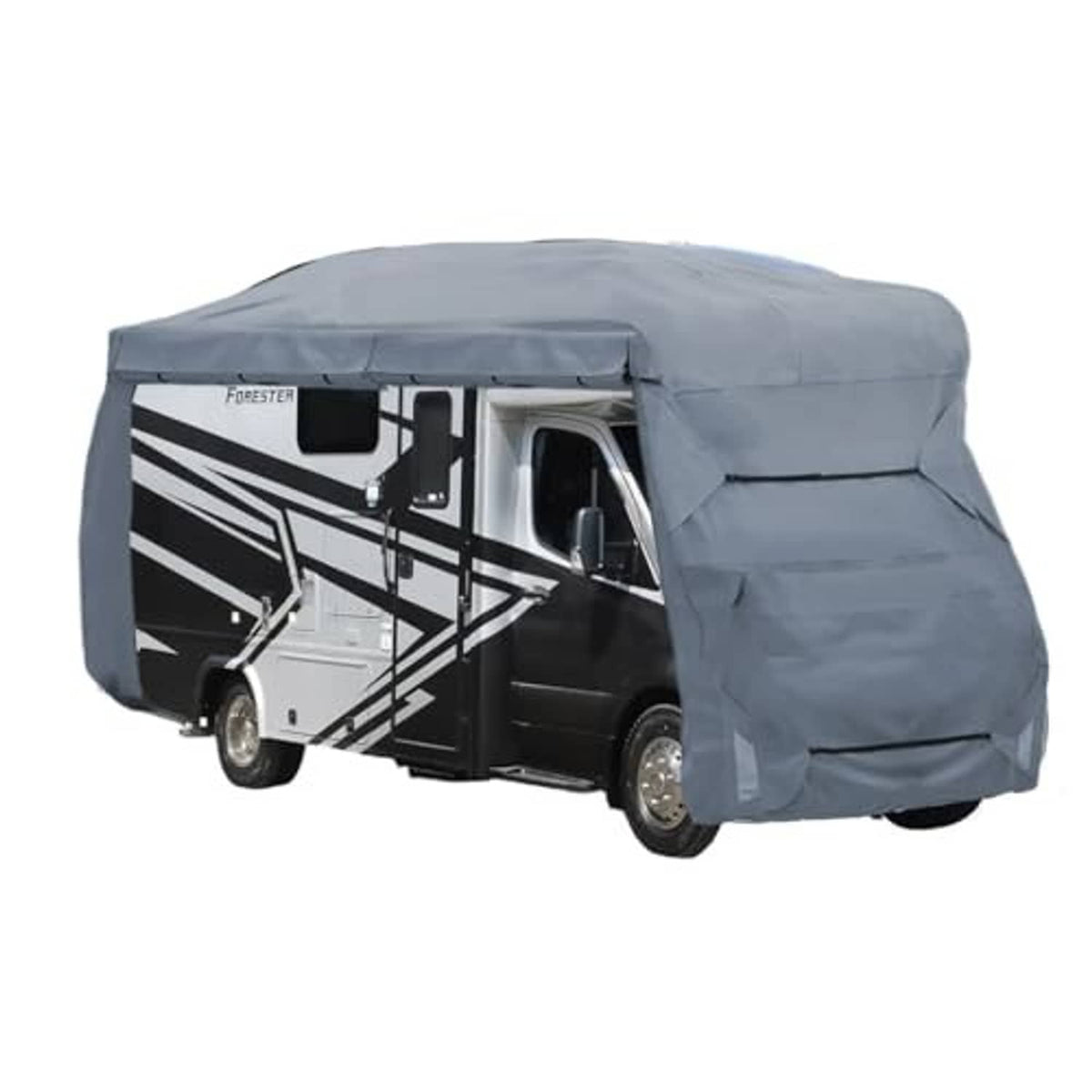 Gray RV cover over truck bed with zippered side opening and reinforced straps