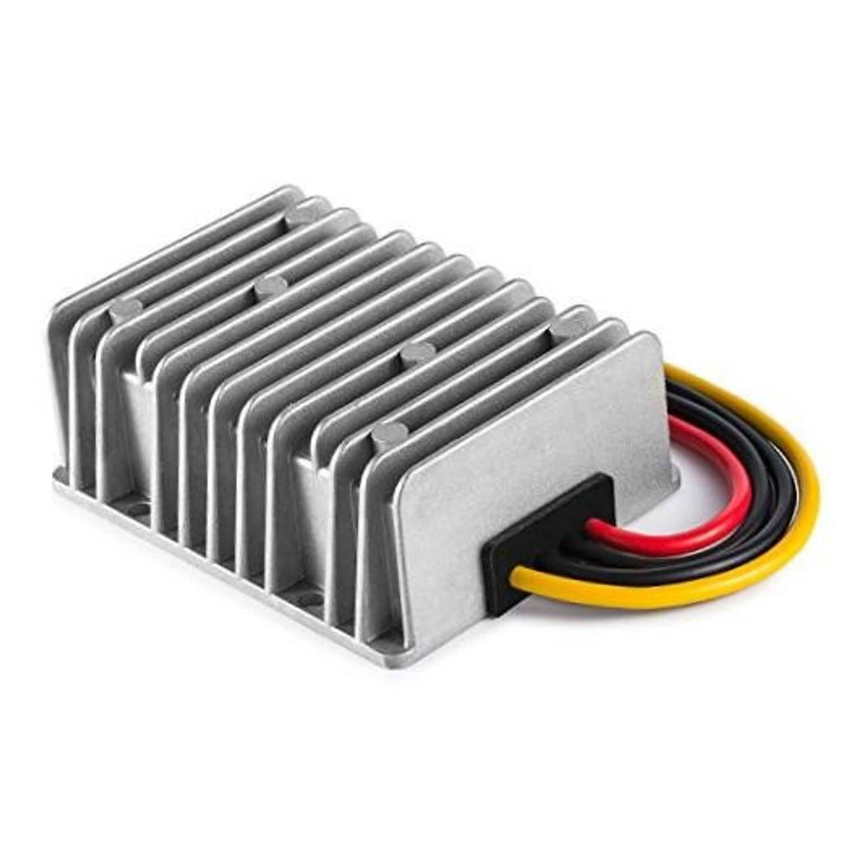 DC step-down voltage converter with metal heatsink and red/yellow/black wire leads