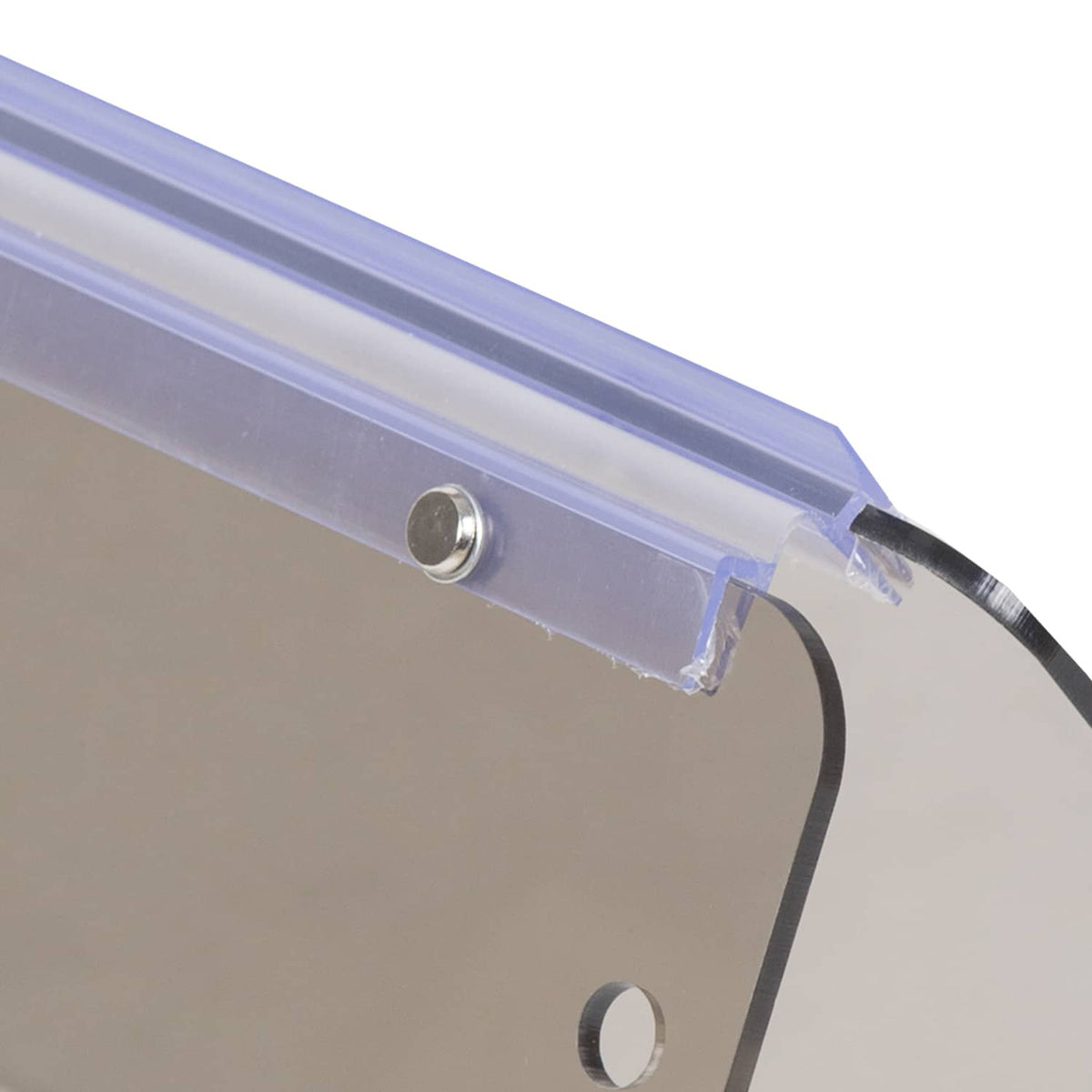 Close-up of tinted windshield mounting rail with holes and bracket hardware
