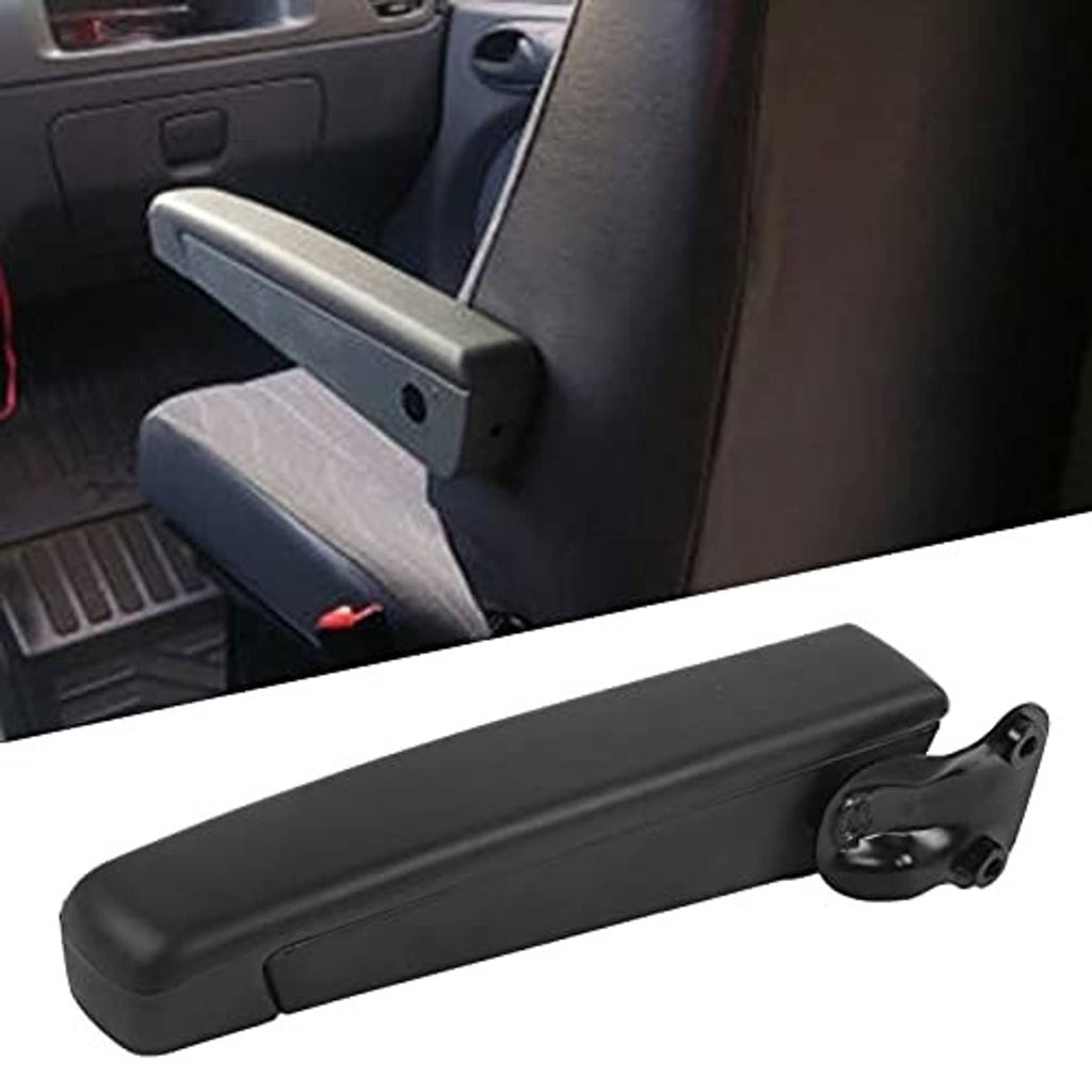 Installed black car armrest on door panel with visible mounting arm